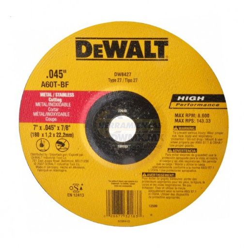 [HER.08.106] [DW8427] DEWALT Disco de corte para metal de 7"x0.45"x7/8"