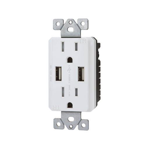 [WIR.03.750] [DWUR-15W] Tomacorriente doble 15A, 125V, 2 USB de 4A, blanco, UL